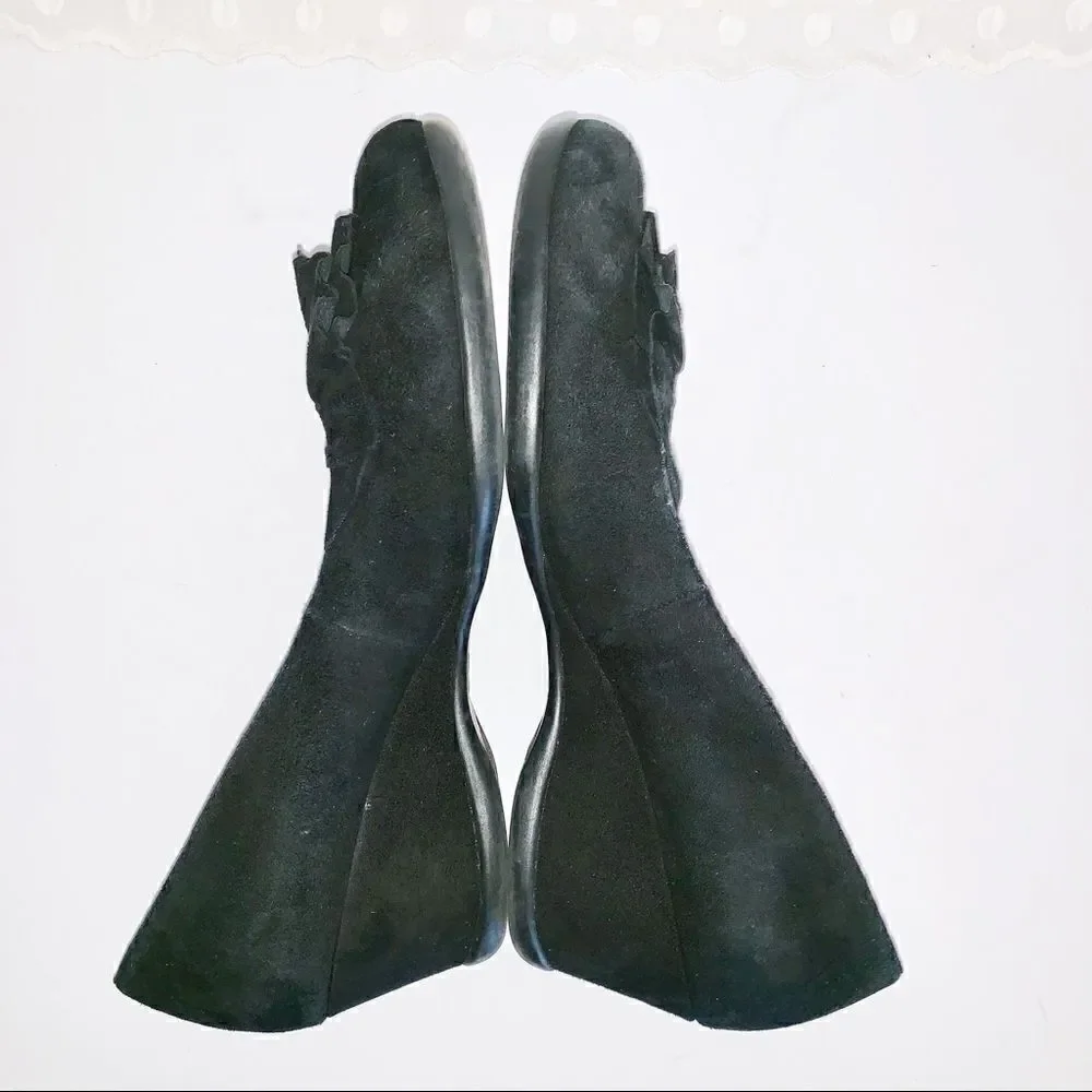Me too black suede wedge pumps with ruffle  7.5